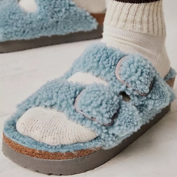 Birkenstock Free People Papillio Sandals Womens US 7 Sherpa Big Buckle Blue - Picture 13 of 13